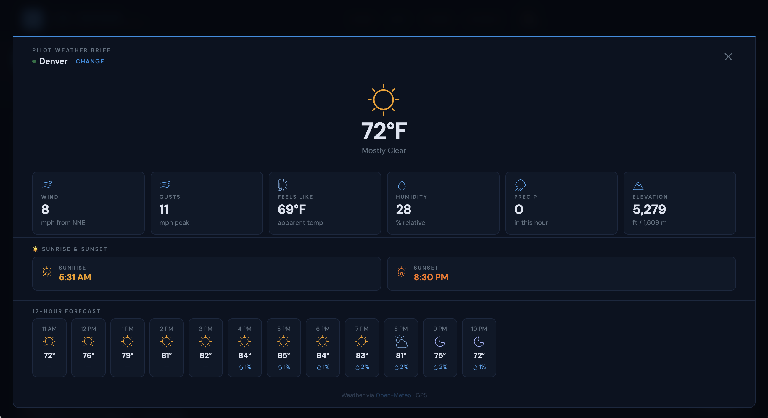 TFR Tracker - Pilot weather brief with wind, gusts, and 12-hour forecast